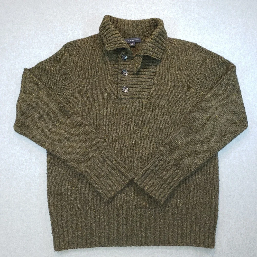 Banana Republic Shawl Collar Sweater Mens Green Sz L Lambswool Blend‎ Fisherman